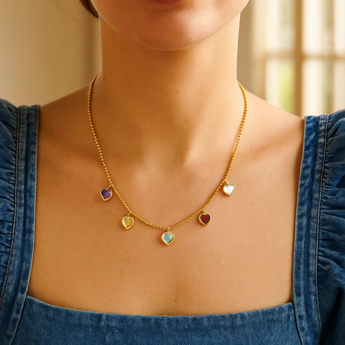 14K Yellow Gold Multi Gemstone Heart Necklace (1.50 mm) RCJ