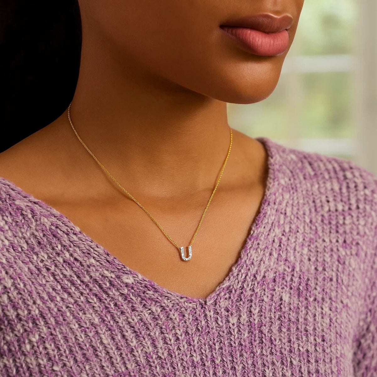 14K Yellow Gold Mini Diamond U Initial Pendant Necklace Alba Luxe