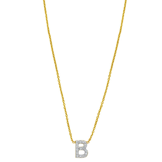 14K Yellow Gold Mini Diamond B Initial Pendant Necklace Alba Luxe