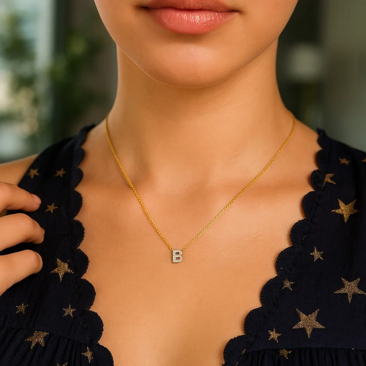14K Yellow Gold Mini Diamond B Initial Pendant Necklace Alba Luxe