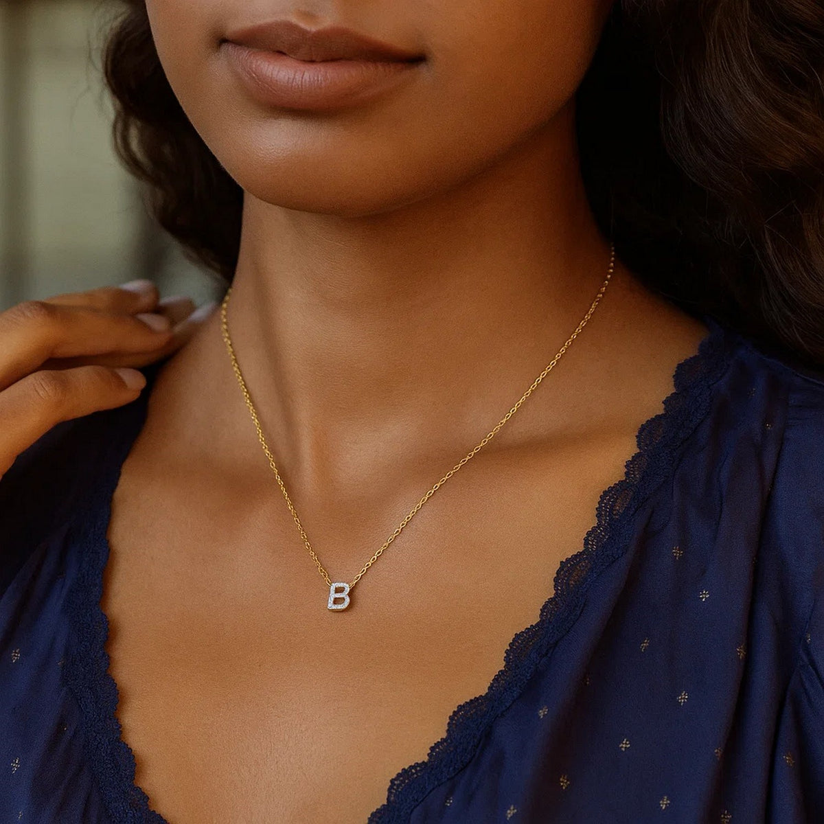 14K Yellow Gold Mini Diamond B Initial Pendant Necklace Alba Luxe