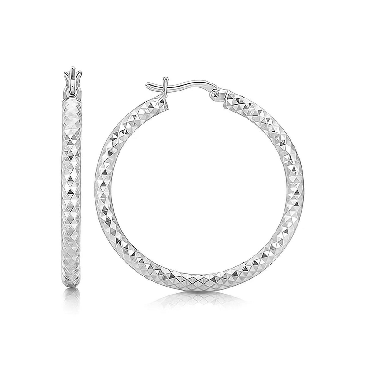 Sterling Silver Faceted Motif Large Hoop Earrings with Rhodium Plating(4x25mm) RCJ