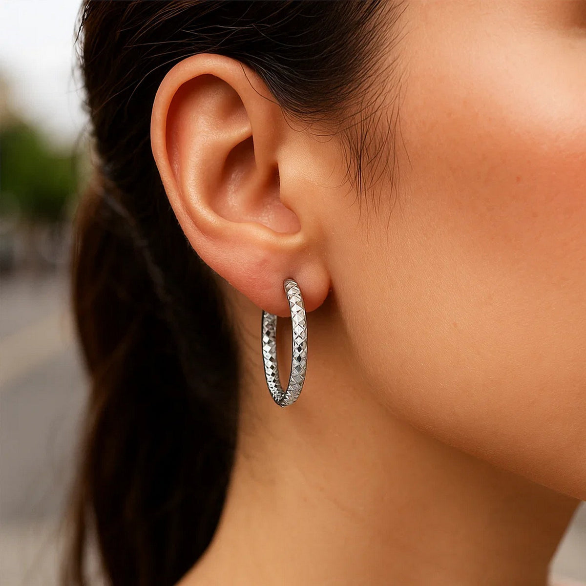 Sterling Silver Faceted Motif Large Hoop Earrings with Rhodium Plating(4x25mm) RCJ