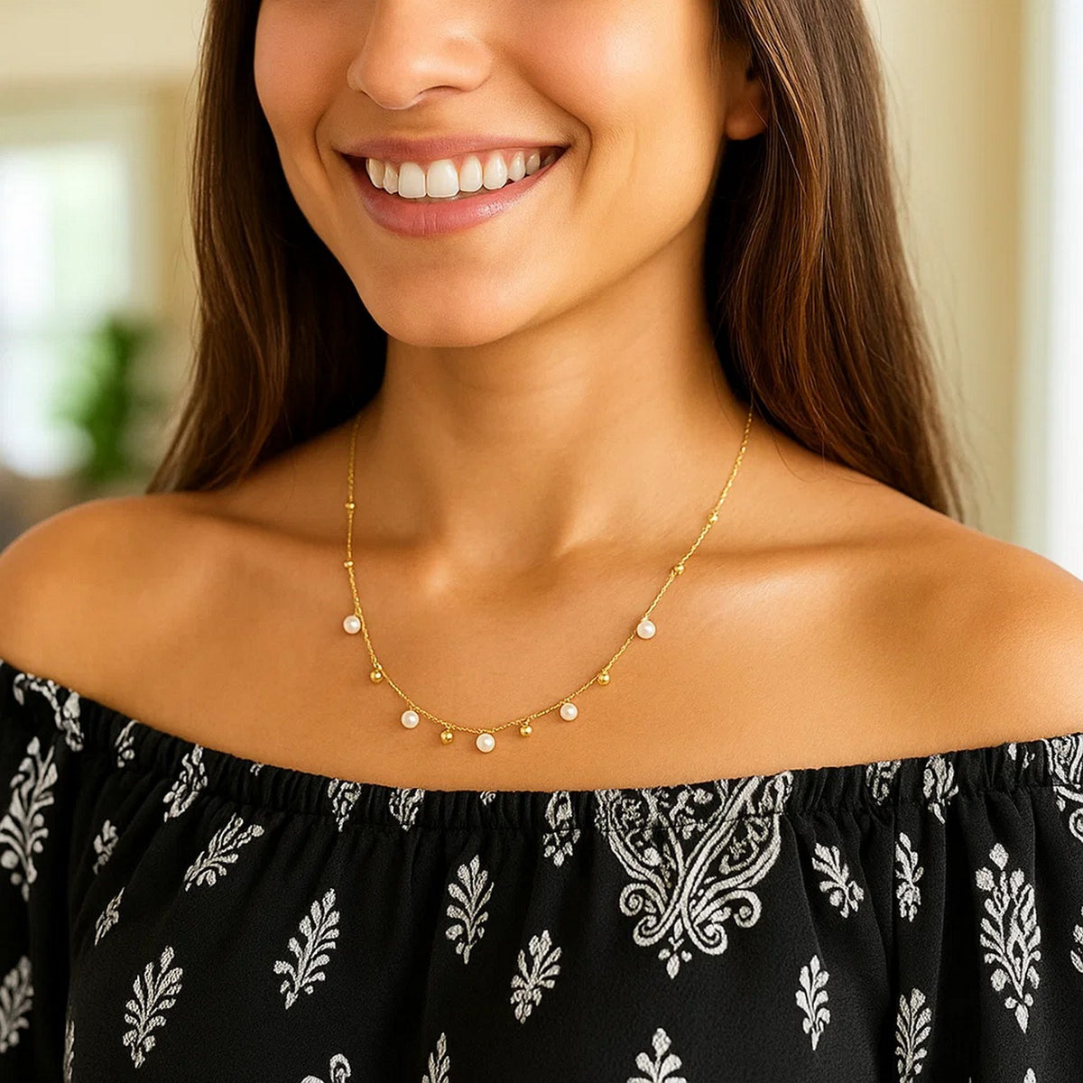 14K Yellow Gold Pearl and Scattered Bead Necklace RCJ