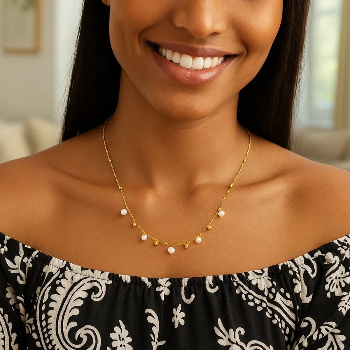 14K Yellow Gold Pearl and Scattered Bead Necklace RCJ