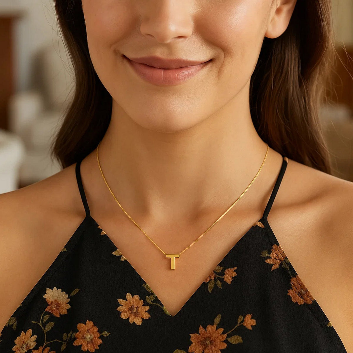 14K Yellow Gold Yours Truly Block Letter Initial T Necklace Alba Luxe