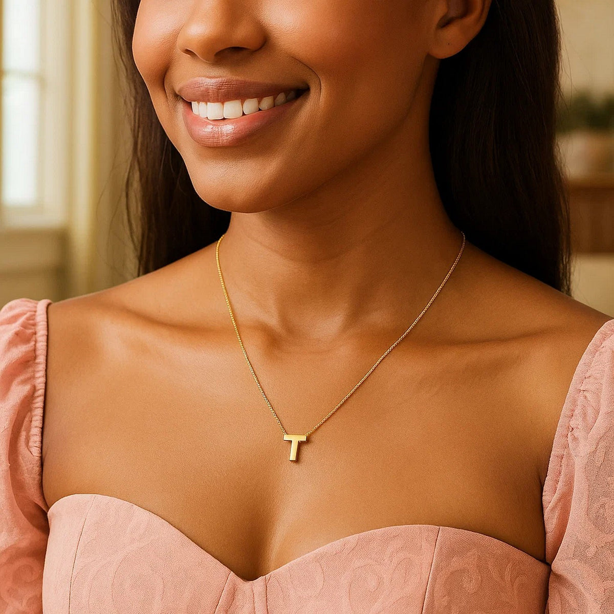 14K Yellow Gold Yours Truly Block Letter Initial T Necklace Alba Luxe