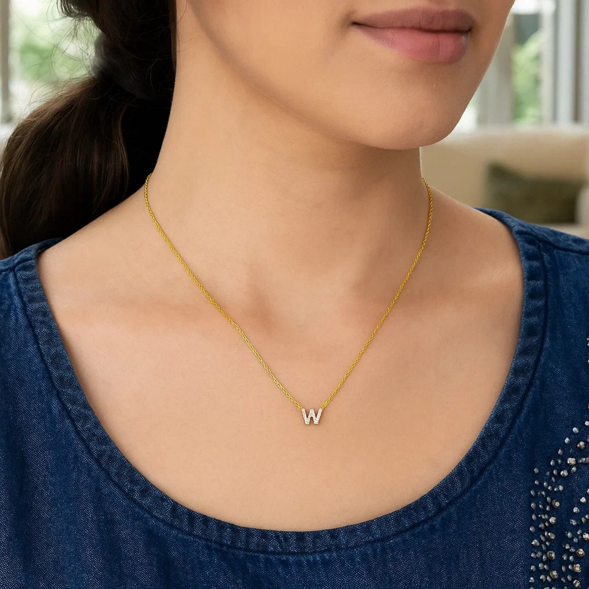 14K Yellow Gold Mini Diamond W Initial Pendant Necklace Alba Luxe