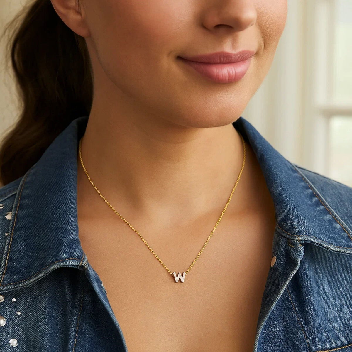 14K Yellow Gold Mini Diamond W Initial Pendant Necklace Alba Luxe