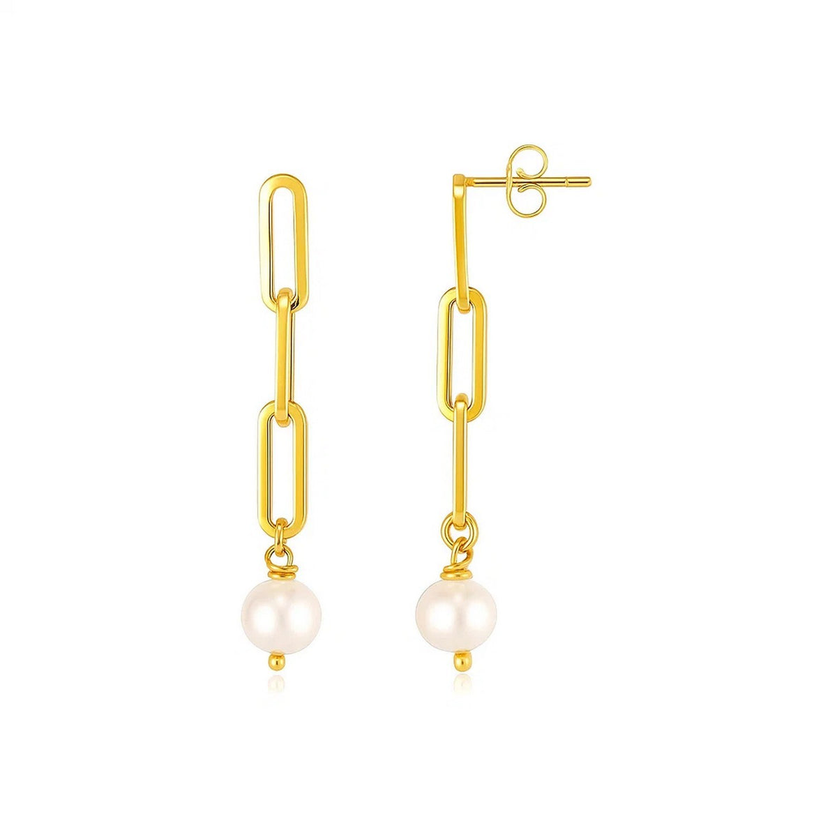 14k Yellow Gold Paperclip Chain Link Earrings with Pearls RCJ