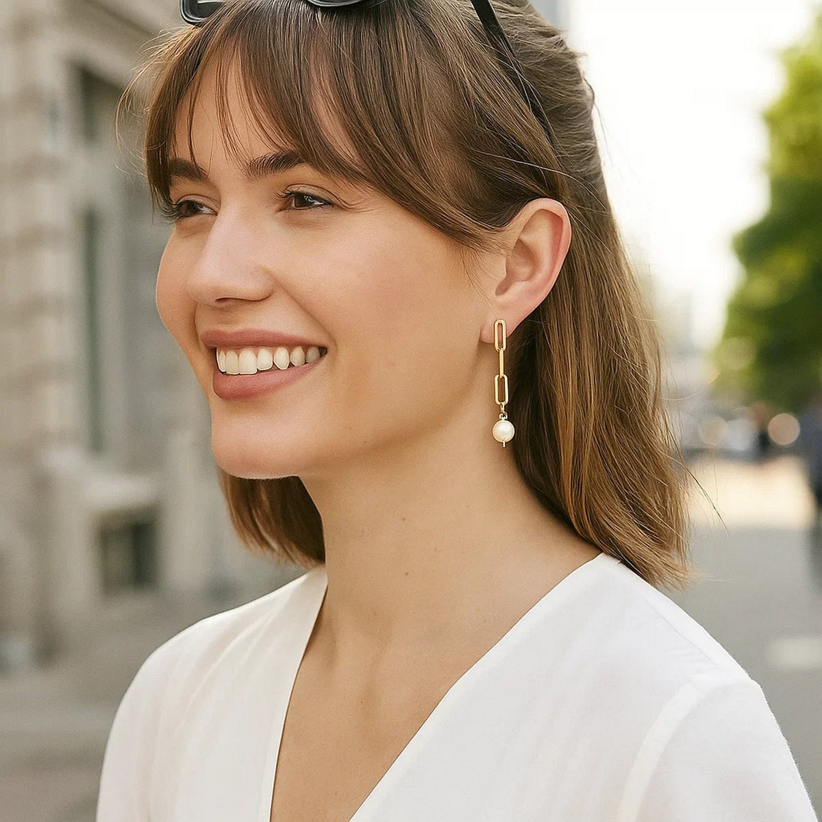 14k Yellow Gold Paperclip Chain Link Earrings with Pearls RCJ