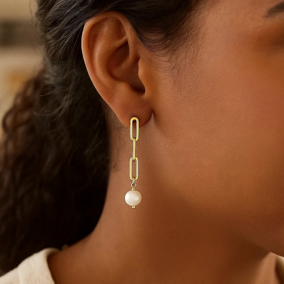 14k Yellow Gold Paperclip Chain Link Earrings with Pearls RCJ