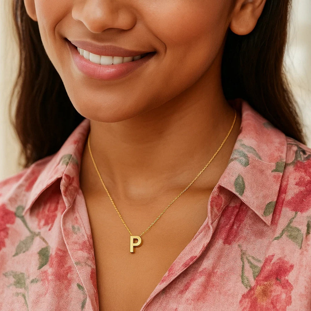 14K Yellow Gold Yours Truly Block Letter Initial P Necklace Alba Luxe