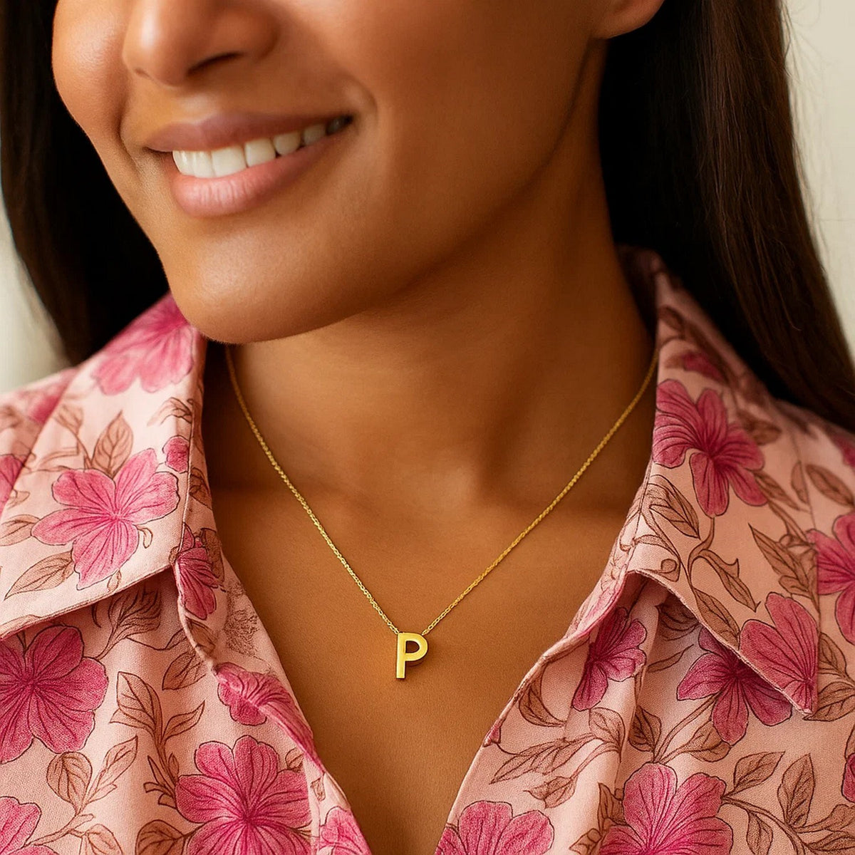 14K Yellow Gold Yours Truly Block Letter Initial P Necklace Alba Luxe