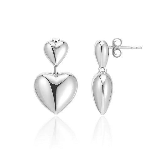 Sterling Silver Rhodium Plated Puffed Double Heart Drop Earrings RCJ