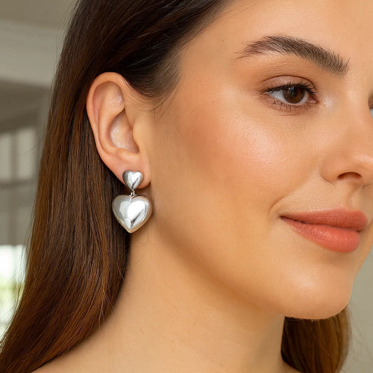 Sterling Silver Rhodium Plated Puffed Double Heart Drop Earrings RCJ