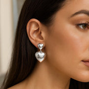 Sterling Silver Rhodium Plated Puffed Double Heart Drop Earrings RCJ