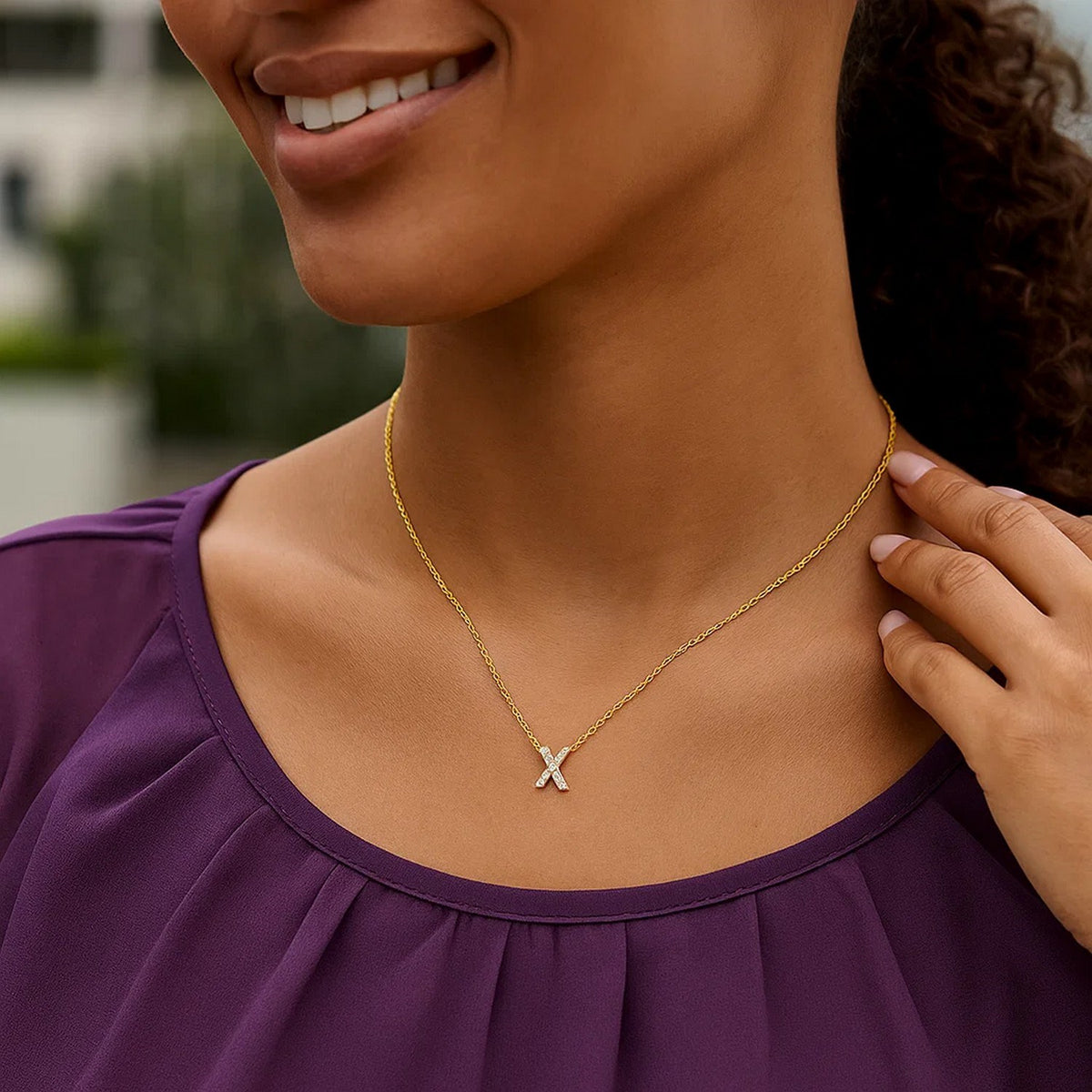 14K Yellow Gold Mini Diamond X Initial Pendant Necklace Alba Luxe