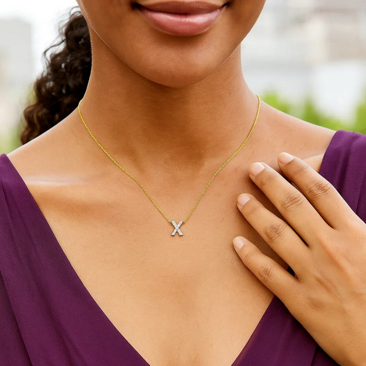 14K Yellow Gold Mini Diamond X Initial Pendant Necklace Alba Luxe