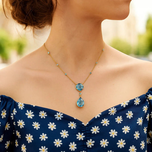 14k Yellow Gold Necklace with Pear-Shaped and Cushion Blue Topaz Briolettes RCJ