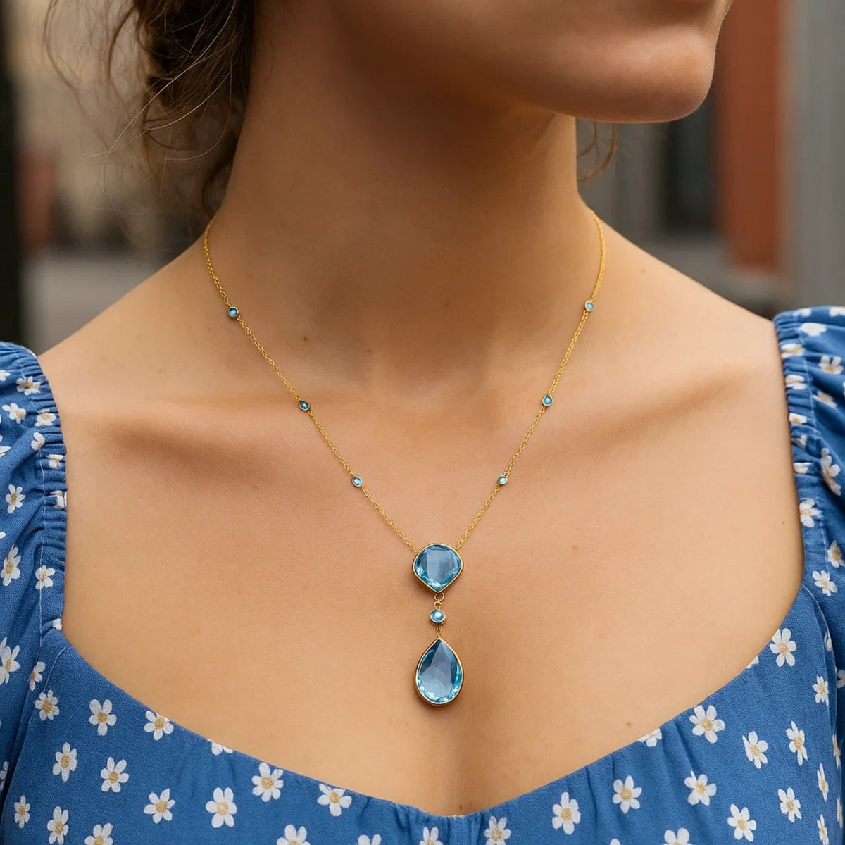 14k Yellow Gold Necklace with Pear-Shaped and Cushion Blue Topaz Briolettes RCJ