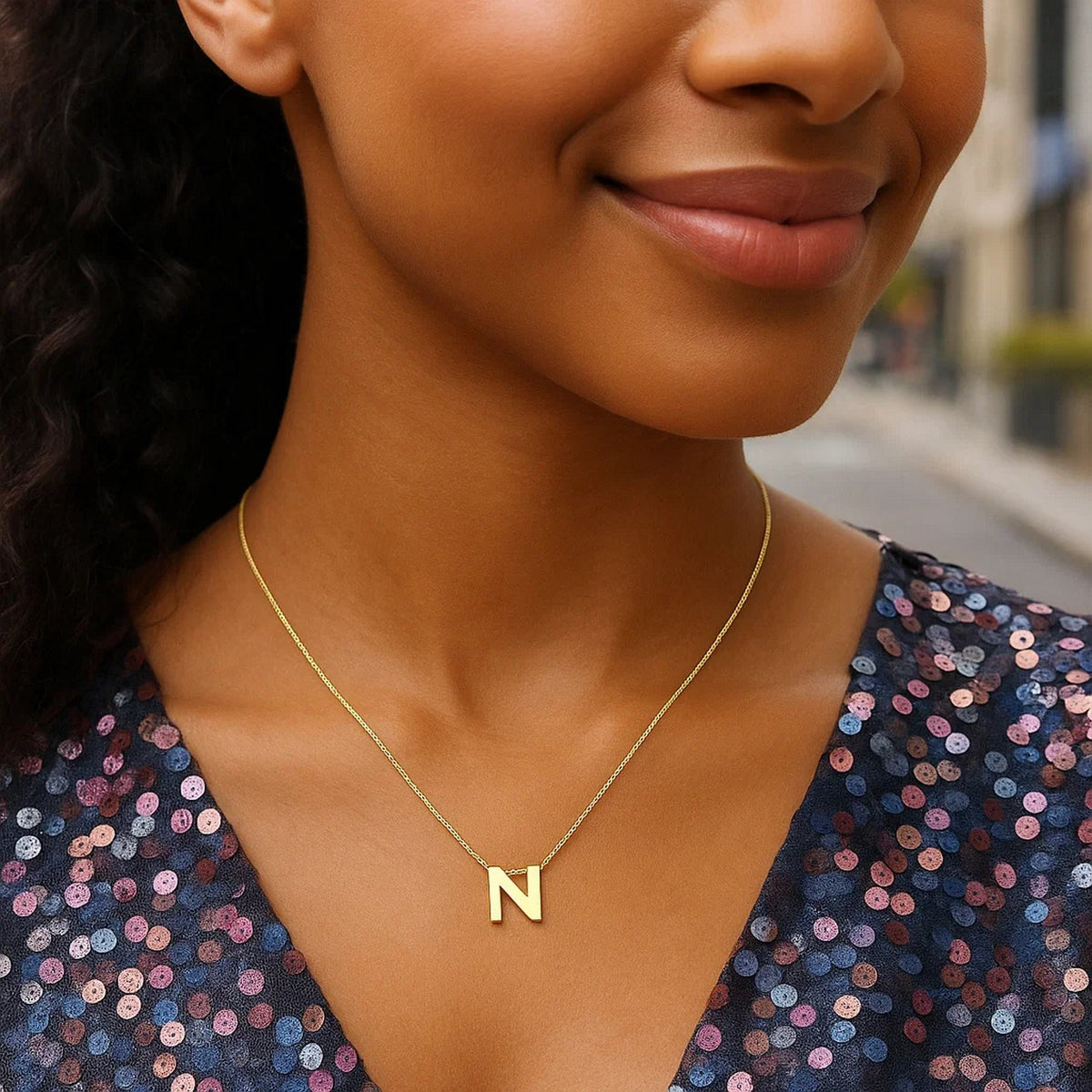 14K Yellow Gold Yours Truly Block Letter Initial N Necklace Alba Luxe