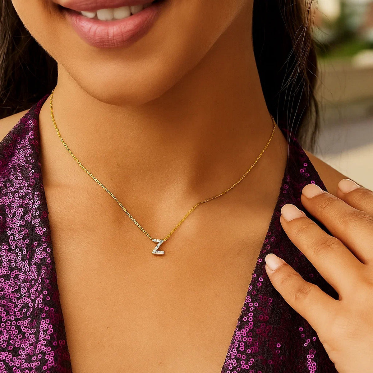 14K Yellow Gold Mini Diamond Z Initial Pendant Necklace Alba Luxe