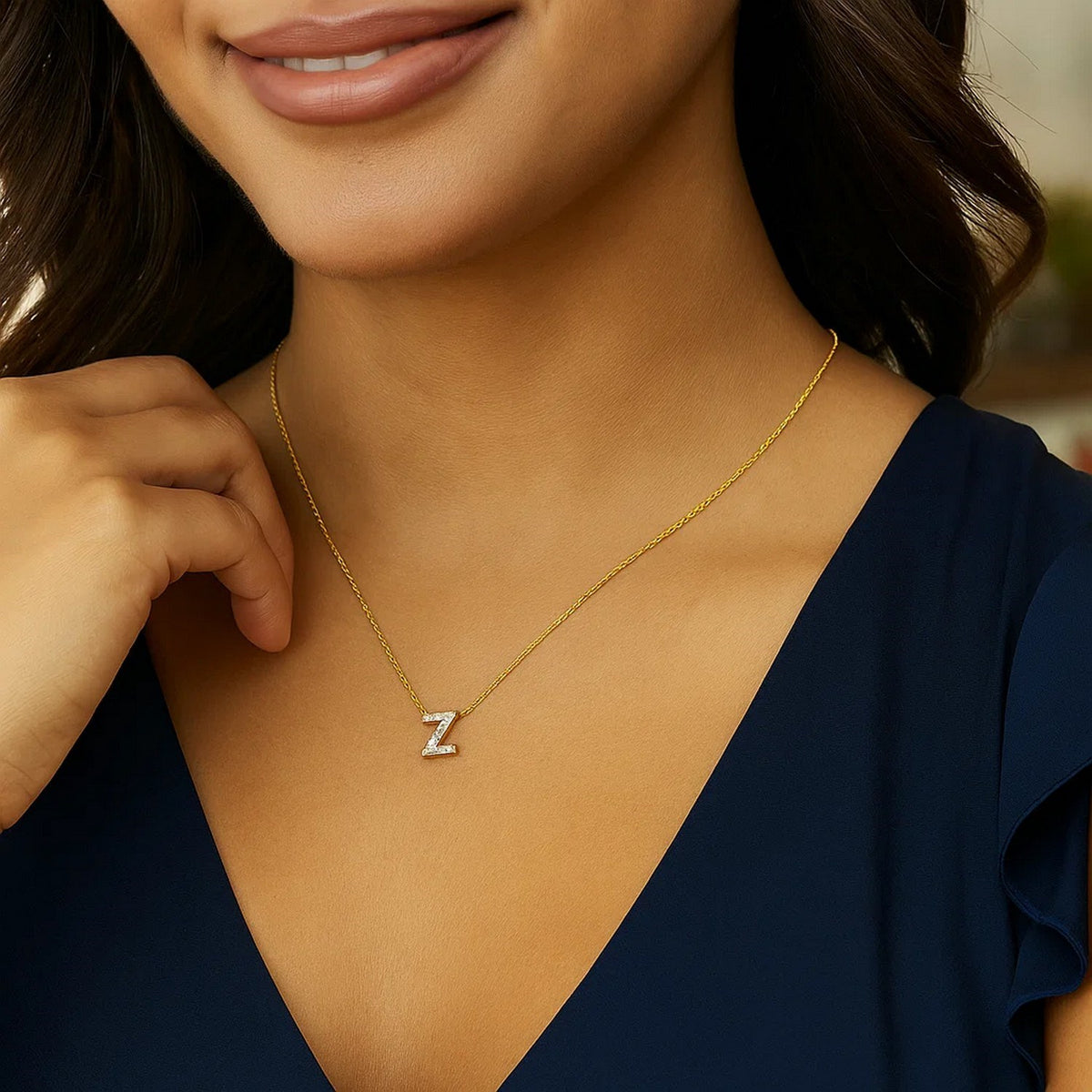 14K Yellow Gold Mini Diamond Z Initial Pendant Necklace Alba Luxe