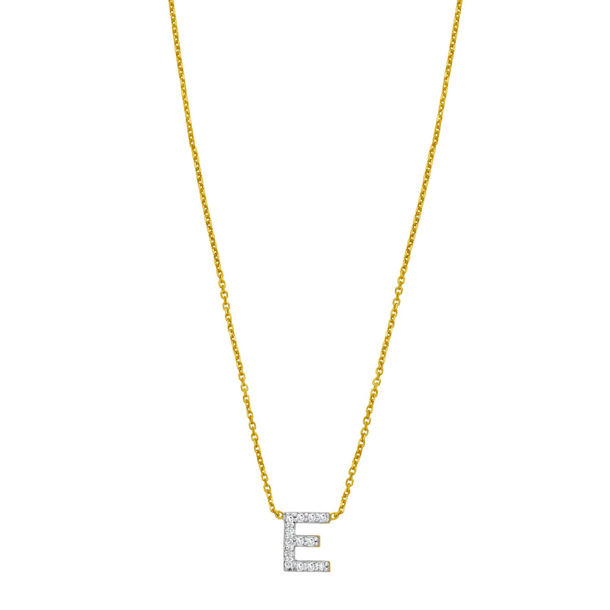 14K Yellow Gold Mini Diamond E Initial Pendant Necklace Alba Luxe