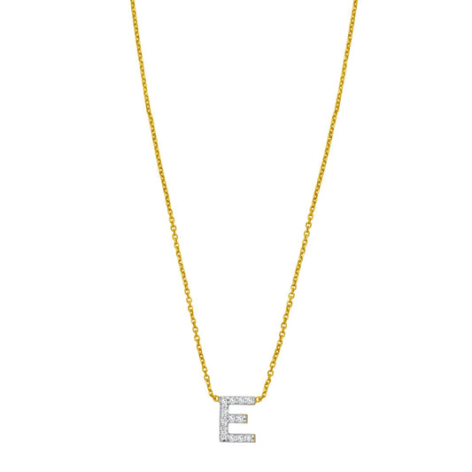 14K Yellow Gold Mini Diamond E Initial Pendant Necklace Alba Luxe