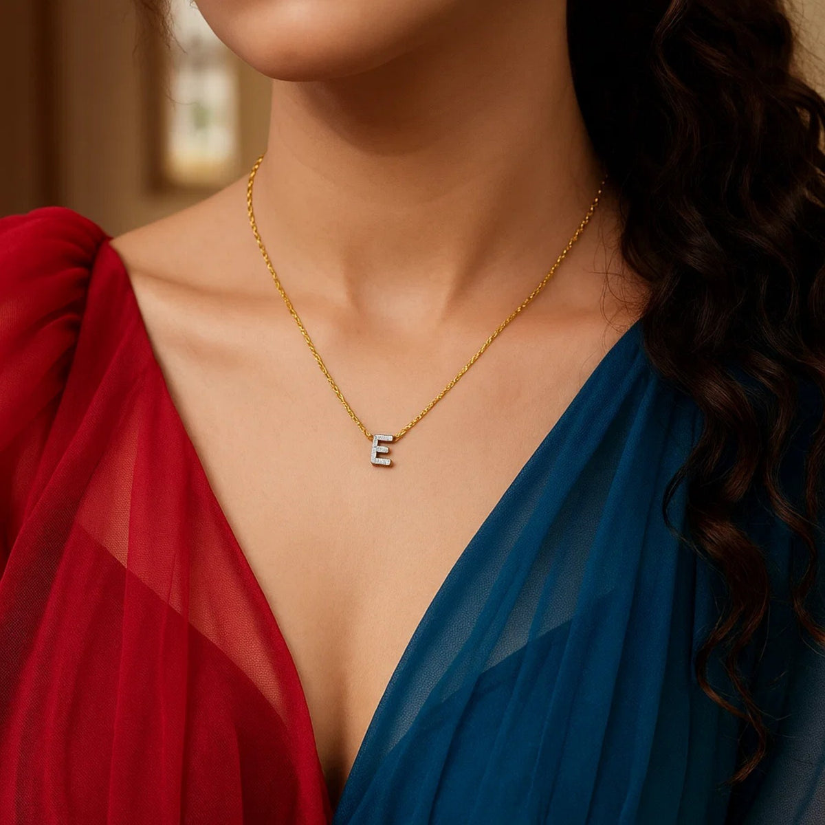 14K Yellow Gold Mini Diamond E Initial Pendant Necklace Alba Luxe