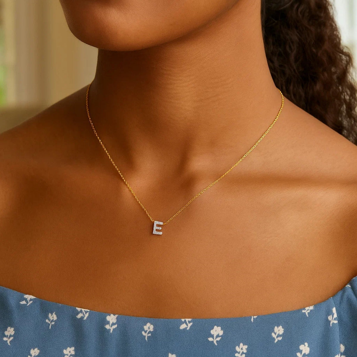 14K Yellow Gold Mini Diamond E Initial Pendant Necklace Alba Luxe