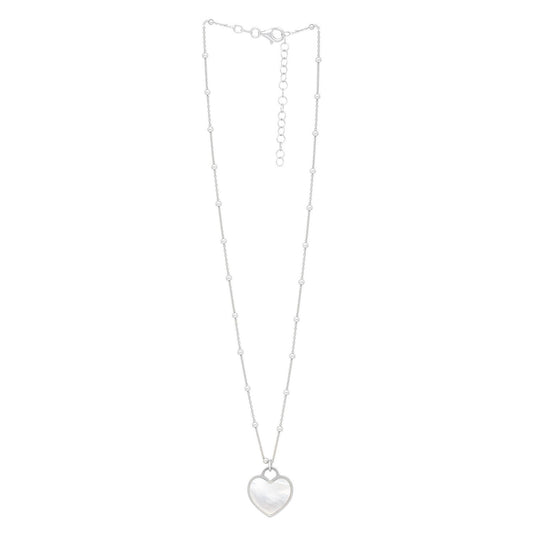 Sterling Silver Rhodium Plated and Mother of Pearl Heart Pendant Necklace RCJ