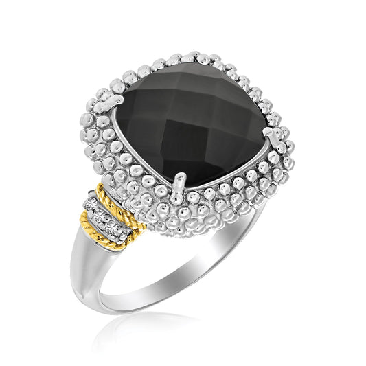 18k Yellow Gold & Sterling Silver Black Onyx and Diamond Popcorn Cushion Ring Alba Luxe