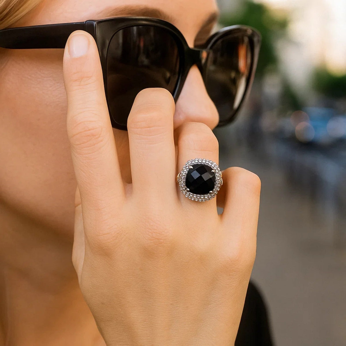 18k Yellow Gold & Sterling Silver Black Onyx and Diamond Popcorn Cushion Ring Alba Luxe