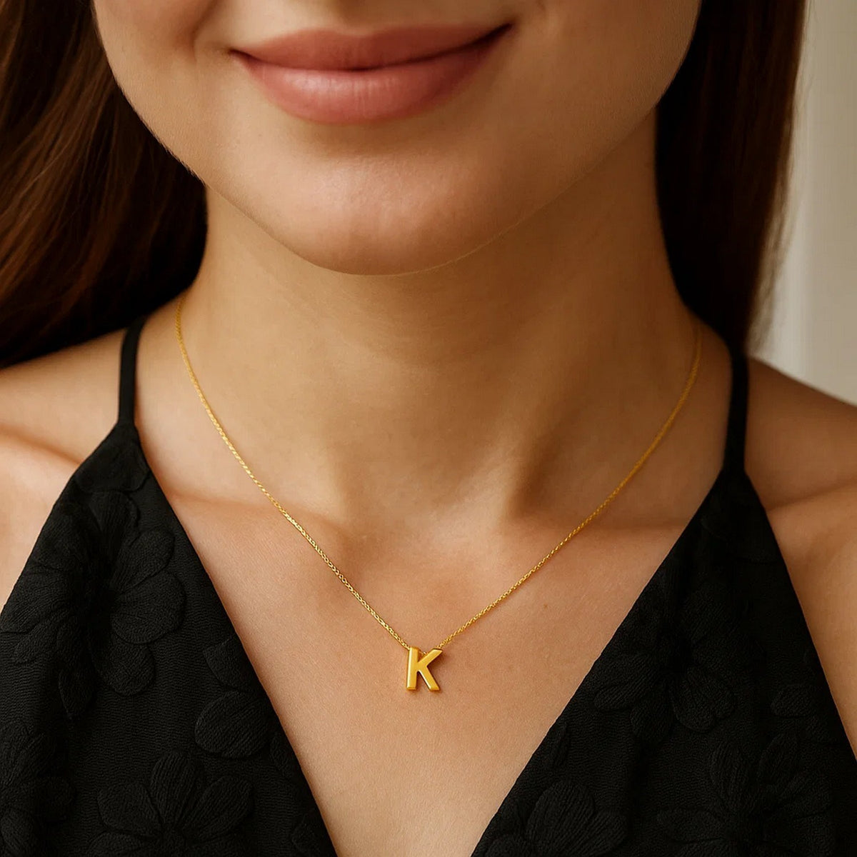 14K Yellow Gold Yours Truly Block Letter Initial K Necklace Alba Luxe