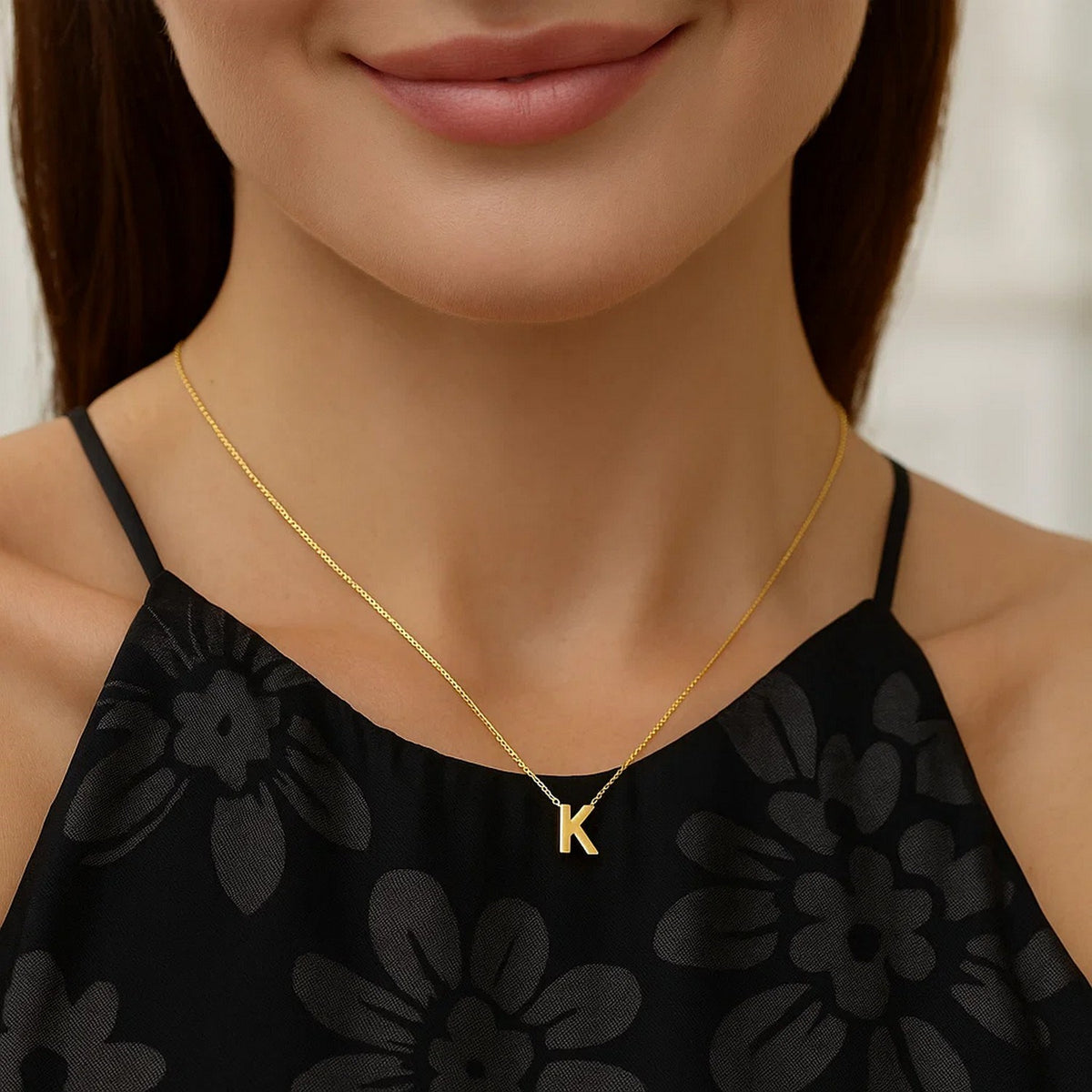 14K Yellow Gold Yours Truly Block Letter Initial K Necklace Alba Luxe