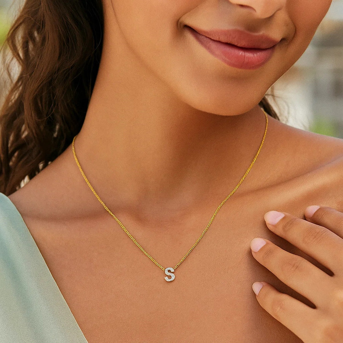 14K Yellow Gold Mini Diamond S Initial Pendant Necklace Alba Luxe