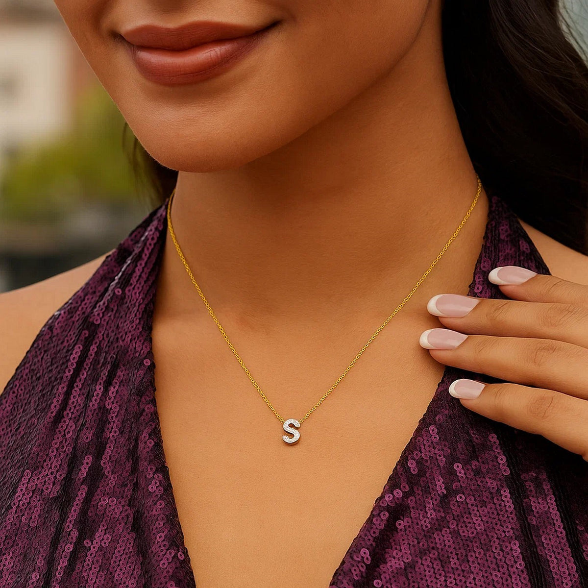 14K Yellow Gold Mini Diamond S Initial Pendant Necklace Alba Luxe