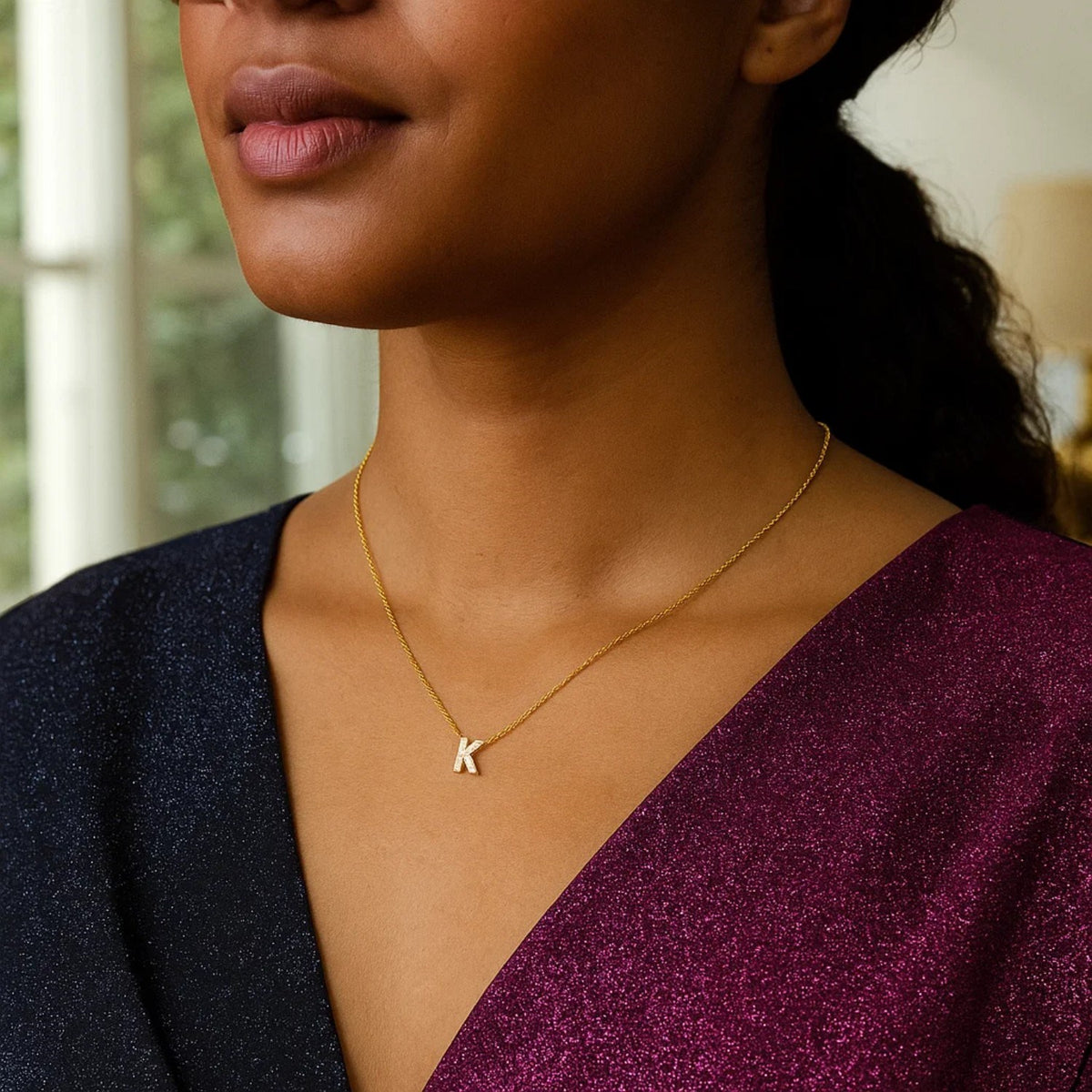 14K Yellow Gold Mini Diamond K Initial Pendant Necklace Alba Luxe