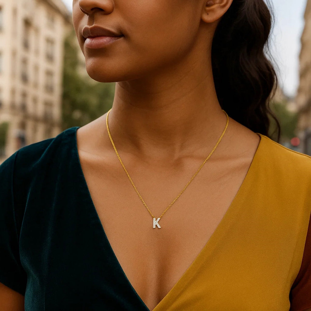 14K Yellow Gold Mini Diamond K Initial Pendant Necklace Alba Luxe