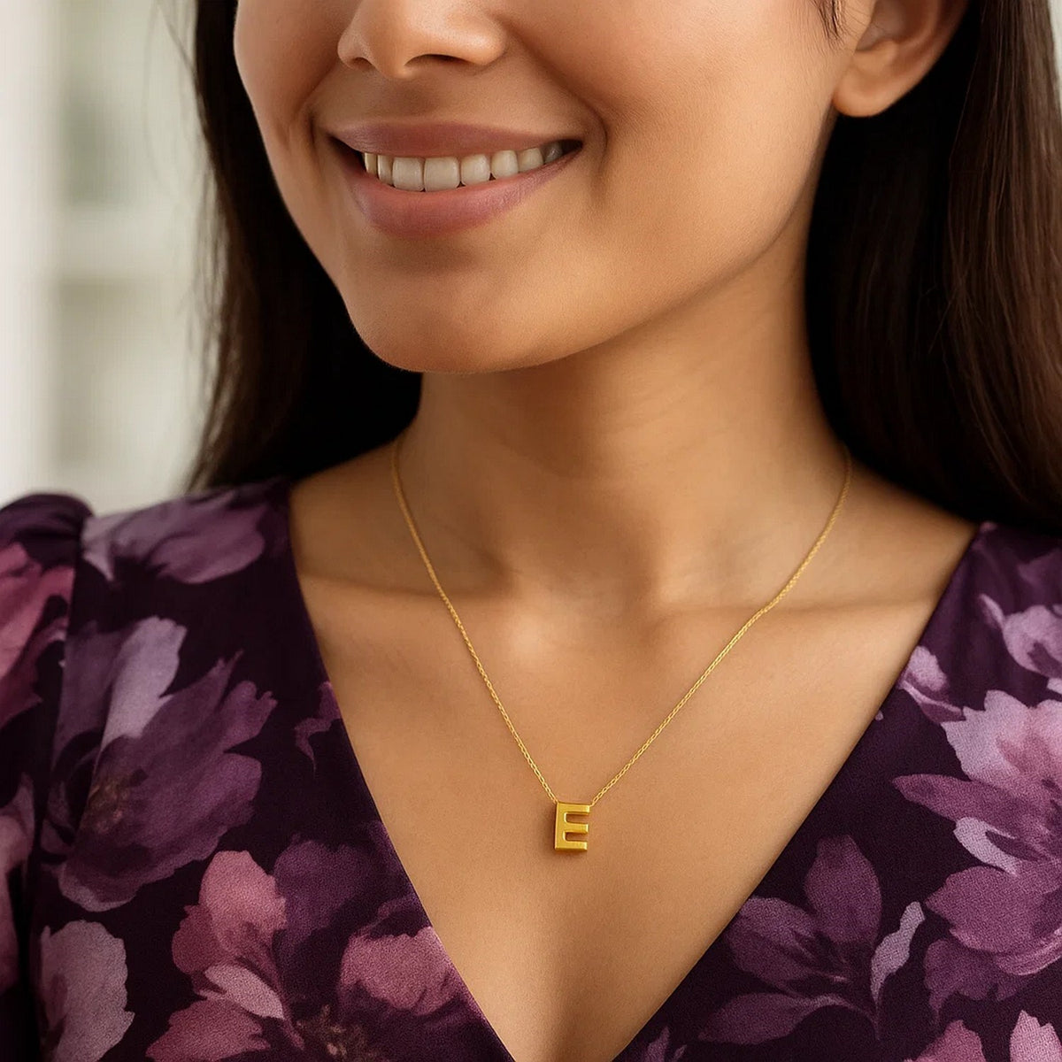 14K Yellow Gold Yours Truly Block Letter Initial E Necklace Alba Luxe