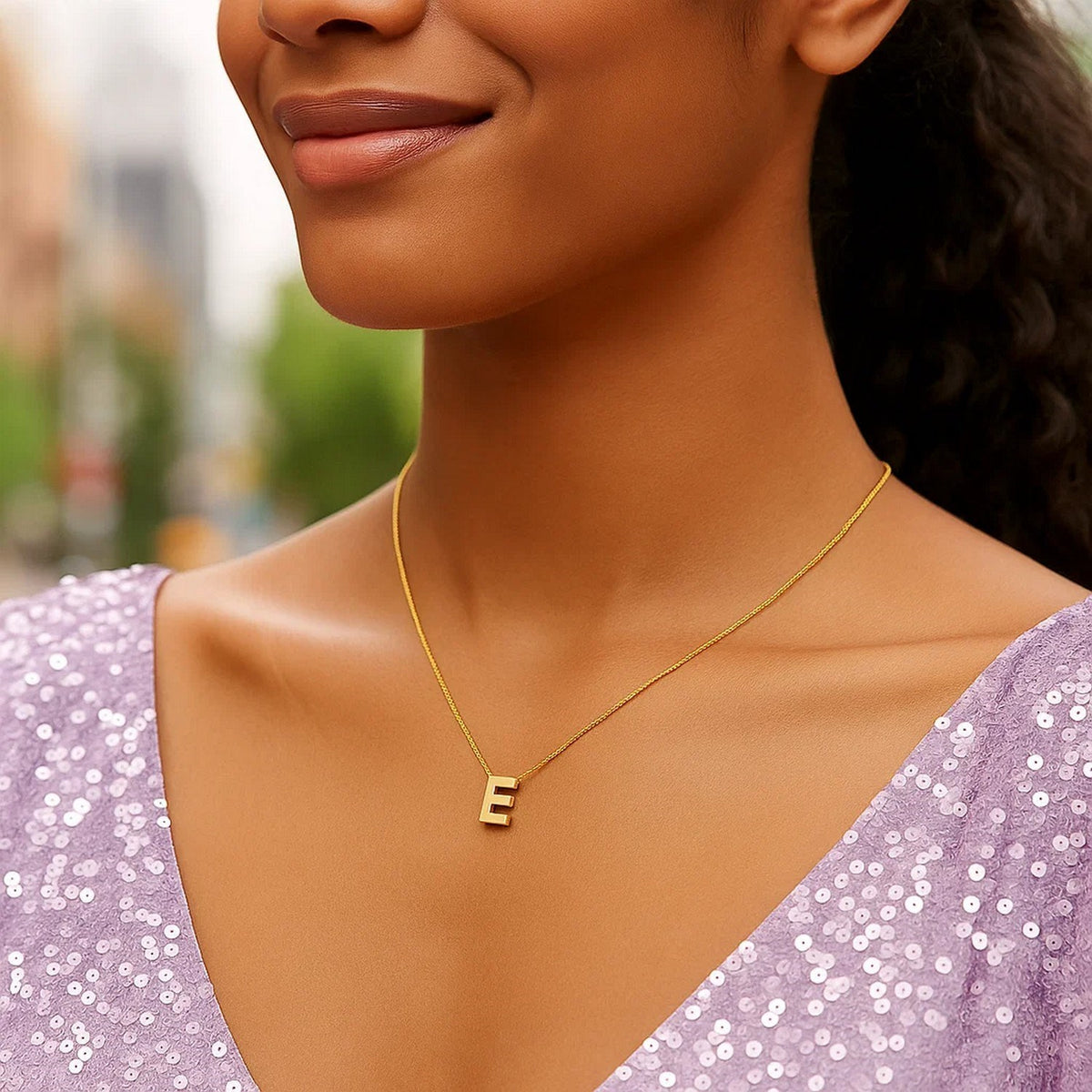 14K Yellow Gold Yours Truly Block Letter Initial E Necklace Alba Luxe