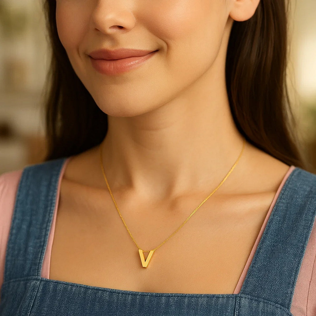 14K Yellow Gold Yours Truly Block Letter Initial V Necklace Alba Luxe