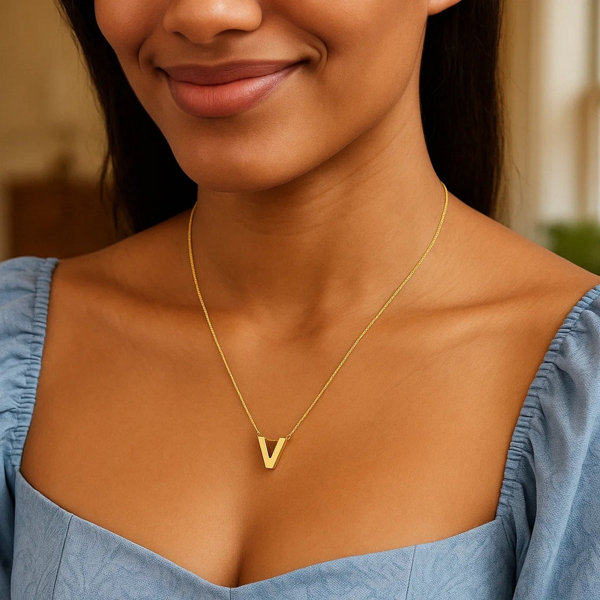 14K Yellow Gold Yours Truly Block Letter Initial V Necklace Alba Luxe