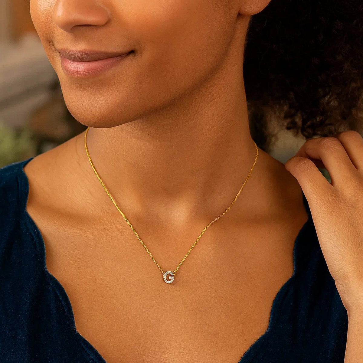 14K Yellow Gold Mini Diamond G Initial Pendant Necklace Alba Luxe