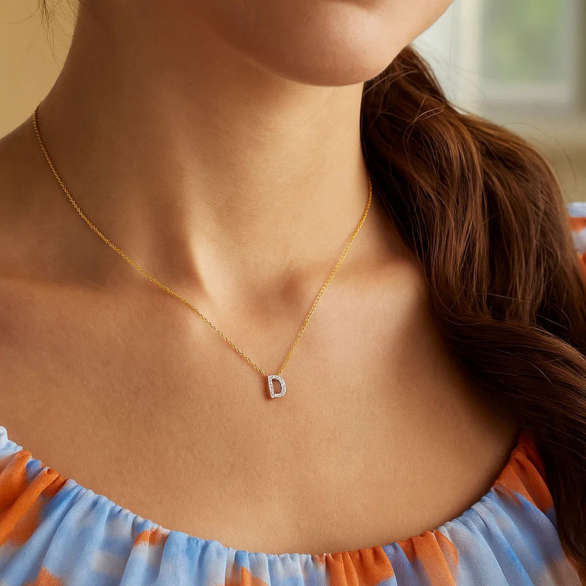 14K Yellow Gold Mini Diamond D Initial Pendant Necklace Alba Luxe