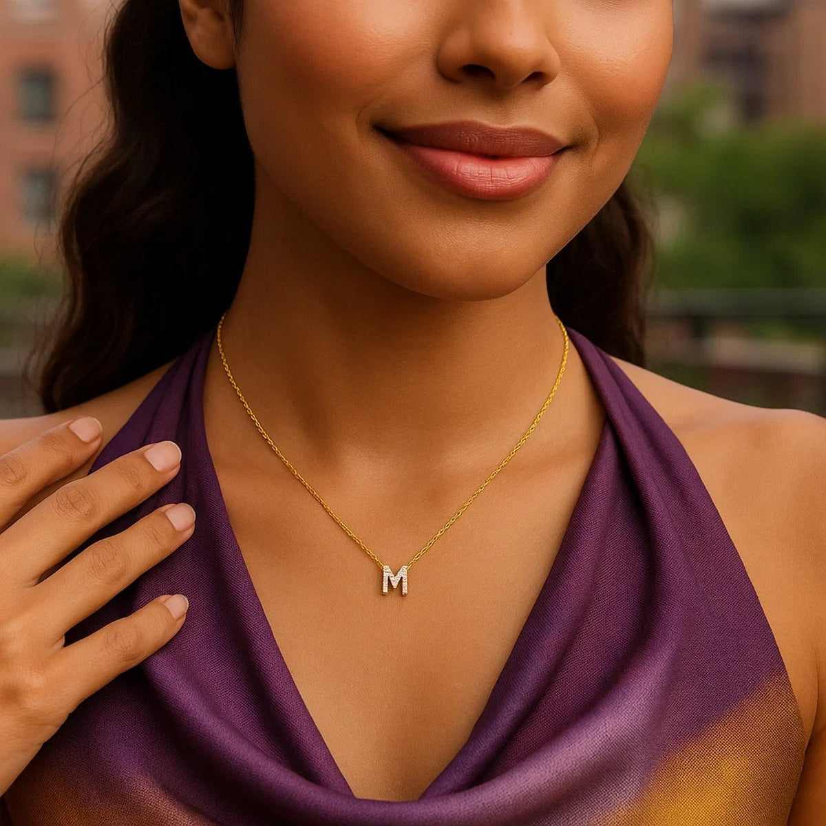 14K Yellow Gold Mini Diamond M Initial Pendant Necklace Alba Luxe