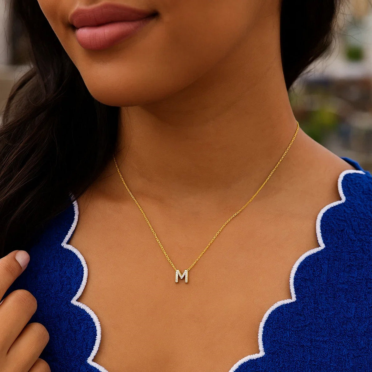 14K Yellow Gold Mini Diamond M Initial Pendant Necklace Alba Luxe
