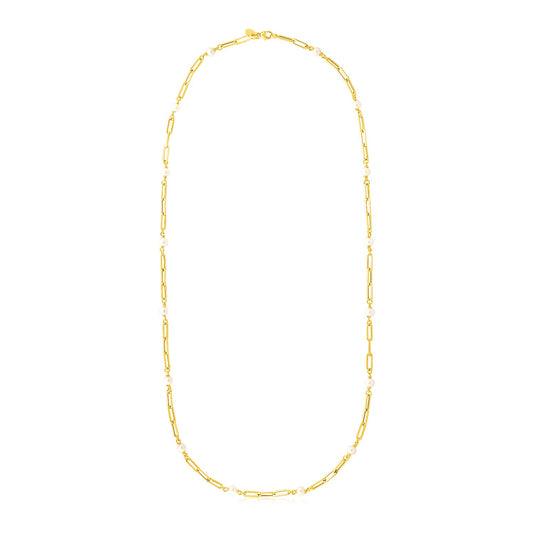 14k Yellow Gold Paperclip Chain and Pearl Necklace RCJ